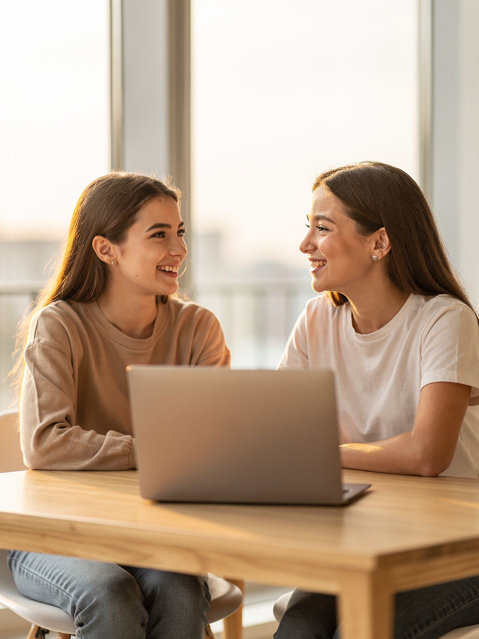 A young tutor helping a girl learn to code on a laptop